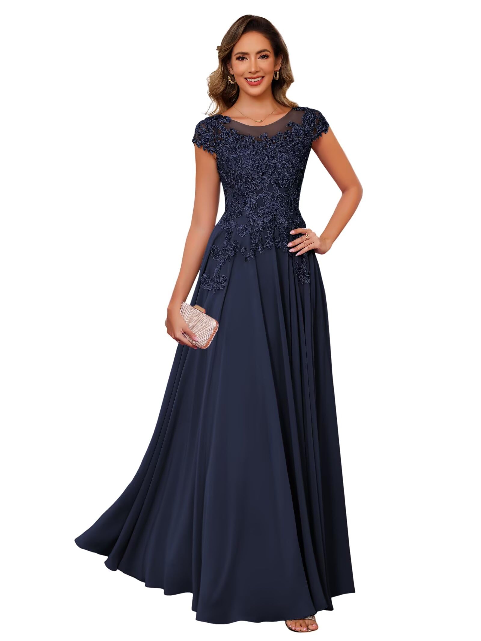 Photo 1 of PUXIU Navy Blue Chiffon Crew Neck Mother of The Bride Dresses for Wedding for Women Plus Size Cap Sleeve Lace Applique Bodice Pleated A line Formal Evening Gown Navy Blue with Pockets 20W