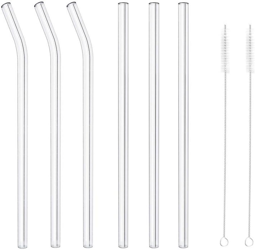 MIXIAO® Glass Straws Clear 8.5" x 10 mm - 6 Pack with 2 Cleaning Brush - Handmade - Healthy, Reusable, Eco Friendly, BPA Free, for Smoothie, Milkshake, Cocktail and Hot Drinks