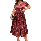 CARCOS Plus Size Velvet Dresses for Curvy Women Short Sleeve Cocktail Dresses Winter Party Formal Dress with Pocket XL-5XL