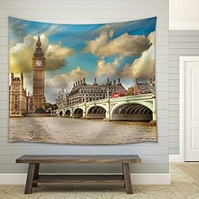 London. Beautiful View of Westminster Bridge and Houses of Parliament with Thames River. - Fabric Wall Tapestry Home Decor - 51x60 inches
