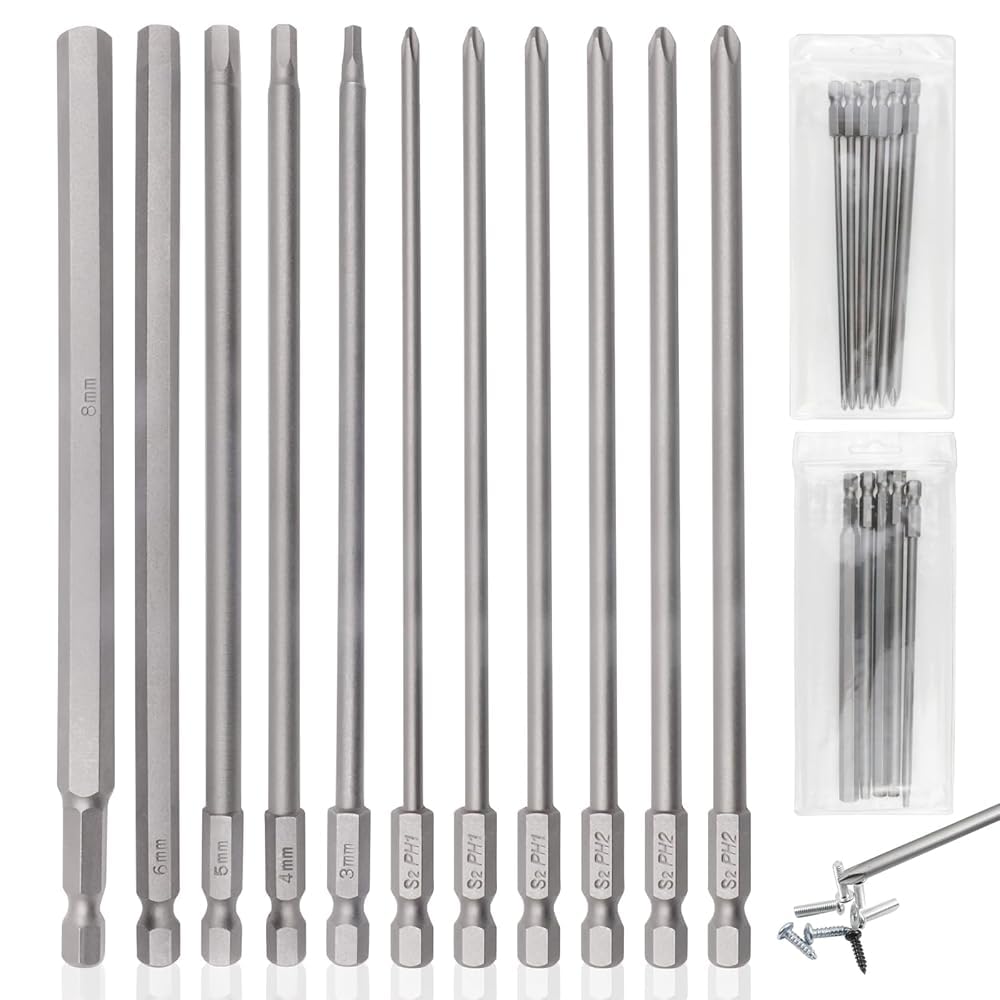 GZLFH 11-Piece Bit Set, Long 150 mm, 1/4 Inch Hex Shank, PH1-PH2 Phillips, 3-8 mm Hex, Universal Electric Bits Set