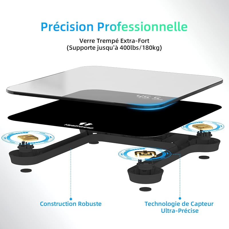 Balance Pese Personne Numérique, Haute Précision avec Affichage Lumineux, Technologie Step-On 5mm Verre Trempé, Haute Précision à 180kg/ 400lb