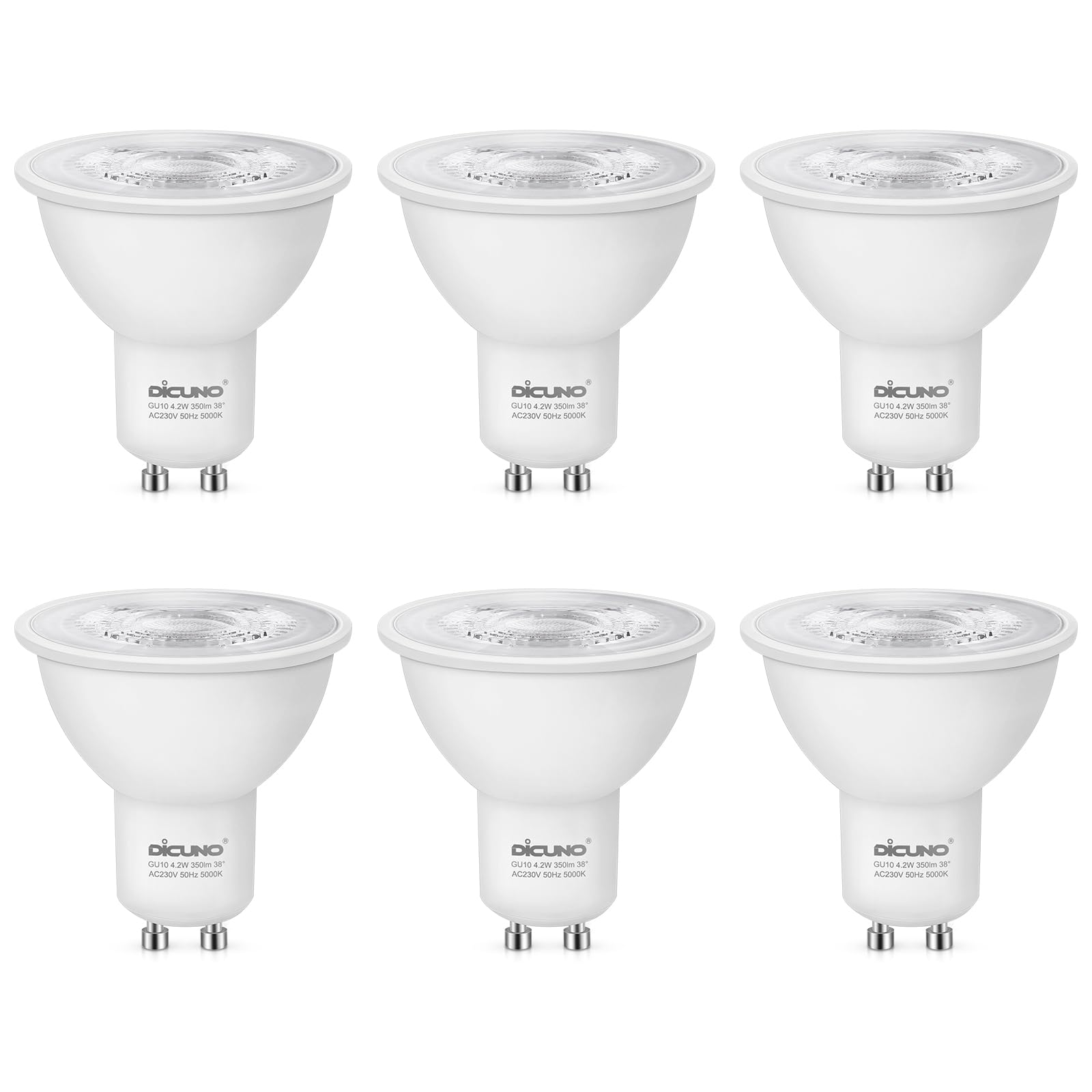 DiCUNO Dimmable GU10 LED Bulbs, Daylight White 5000K, 4.2W 350LM, 40W Halogen Spotlight Equivalent, 38° Narrow Beam, Energy Saving GU10 LED Light Bulbs for Home Lighting Decor, 6 Pcs