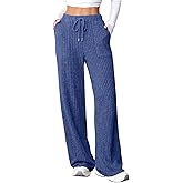 Aleumdr Womens Ribbed Wide Leg Lounge Pants with Pockets Casual Relaxed Comfy Loose Soft Knit Pajama Pants with Drawstring
