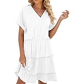 PerZeal Women's Casual V Neck Short Sleeve Tiered Dress Ruffle Hem A-Line Flowy Swing Midi Dresses