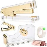 Acrylic Gold Tape Dispenser Gold Desktop Stapler, Acrylic Office Supplies Includes Staple Remover, Tape, 1000pcs Staples Desk