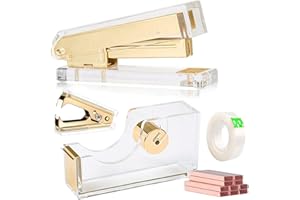 VOSTOR Acrylic Gold Tape Dispenser Gold Desktop Stapler, Acrylic Office Supplies Includes Staple Remover, Tape, 1000pcs Staples Desk Accessory Kit, Cute Office Stapler Set for Modern Design Office Desktop