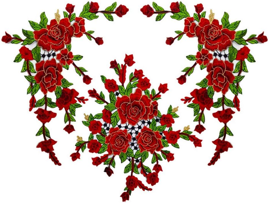 1set/3pieces 3D Patches Flowers Embroidered Sew On Patches for Clothing Jacket Applique DIY Accessory (red)