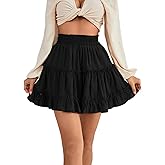 LYANER Women's Elastic Waist Pleated Layer Ruffle Hem Flowy A Line Short Skirt