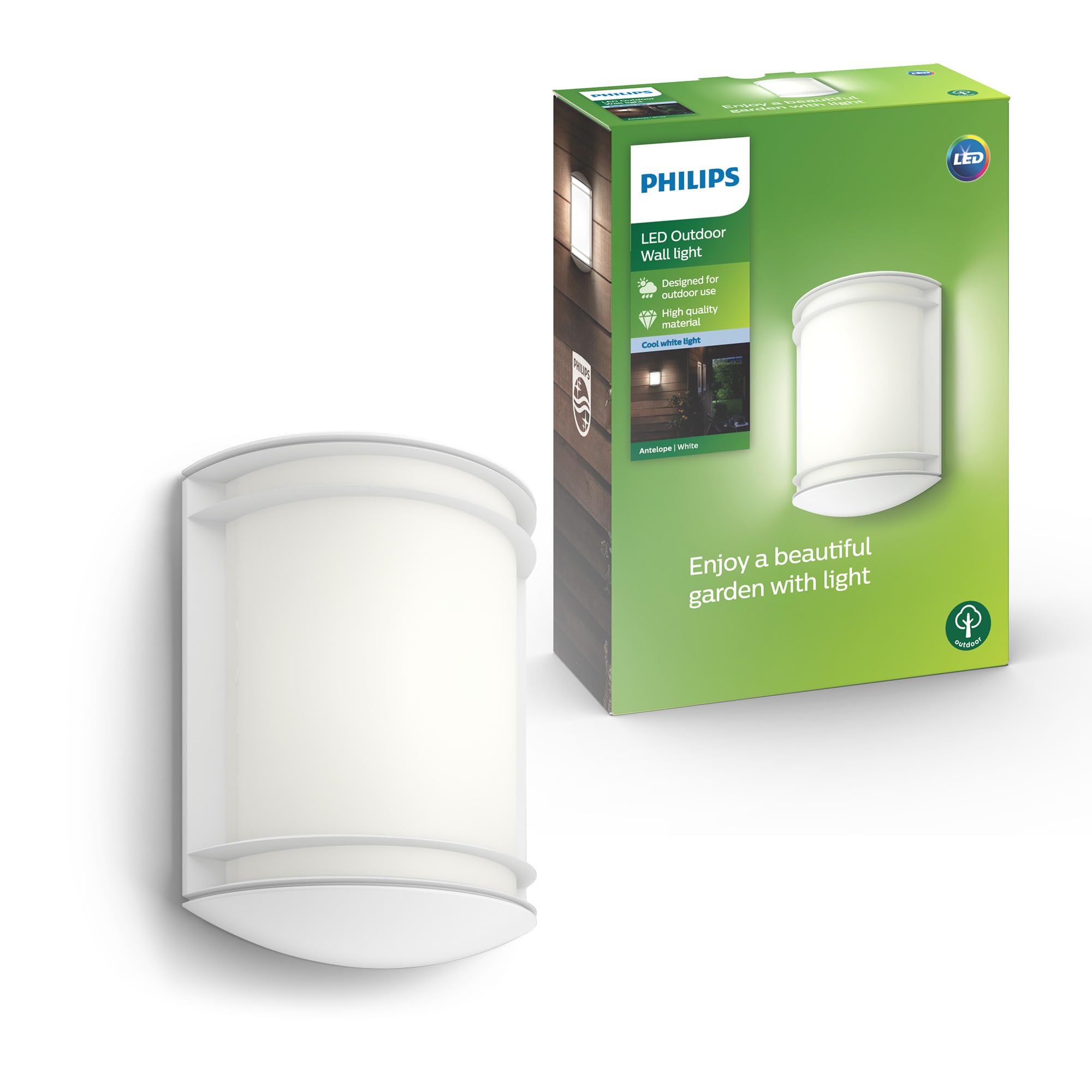 Philips Antelope LED Outdoor Wall Light, 5.5W, 750 lm, 4,000 K Cool White Light, IP44 Weather-Resistant, Built-in LED, White