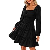 Amoretu Women’s Square Neck Long Sleeve Dress Tiered Ruffle A-Line Flowy Mini Dresses with Pockets