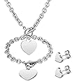 Bucherry 3 Pcs Heart Jewelry Set Heart Pendant Chain Toggle Necklace with Bracelet Earrings Stainless Steel Link Chain for Women Christmas Valentine's Day Gift
