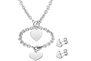 Bucherry 3 Pcs Heart Jewelry Set Bow Snowflake Jewelry Heart Pendant Chain Toggle Necklace with Bracelet Earrings Snowflake Stainless Steel Link Chain for Women Gift