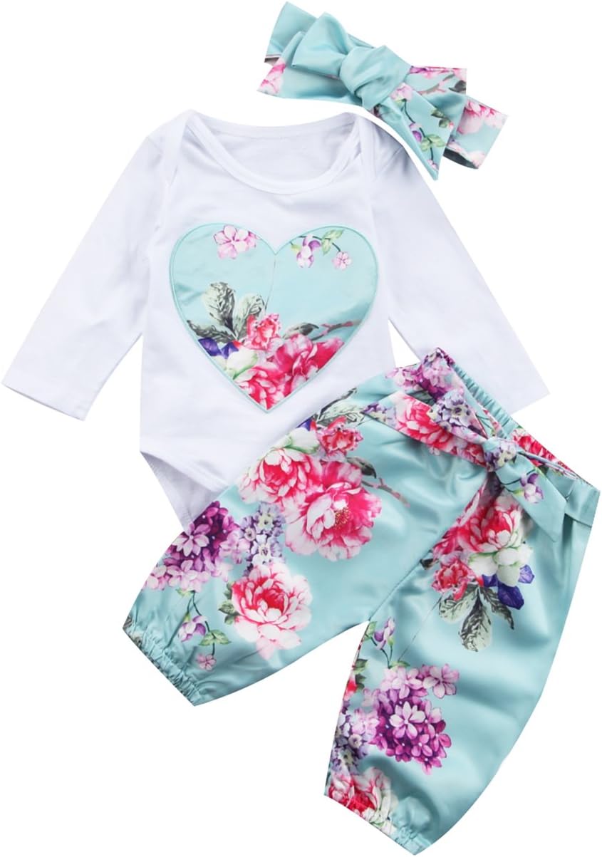Newborn Baby Girls Floral Heart Peach Print Romper Long Pants with Bowknot Headband Outfit Set