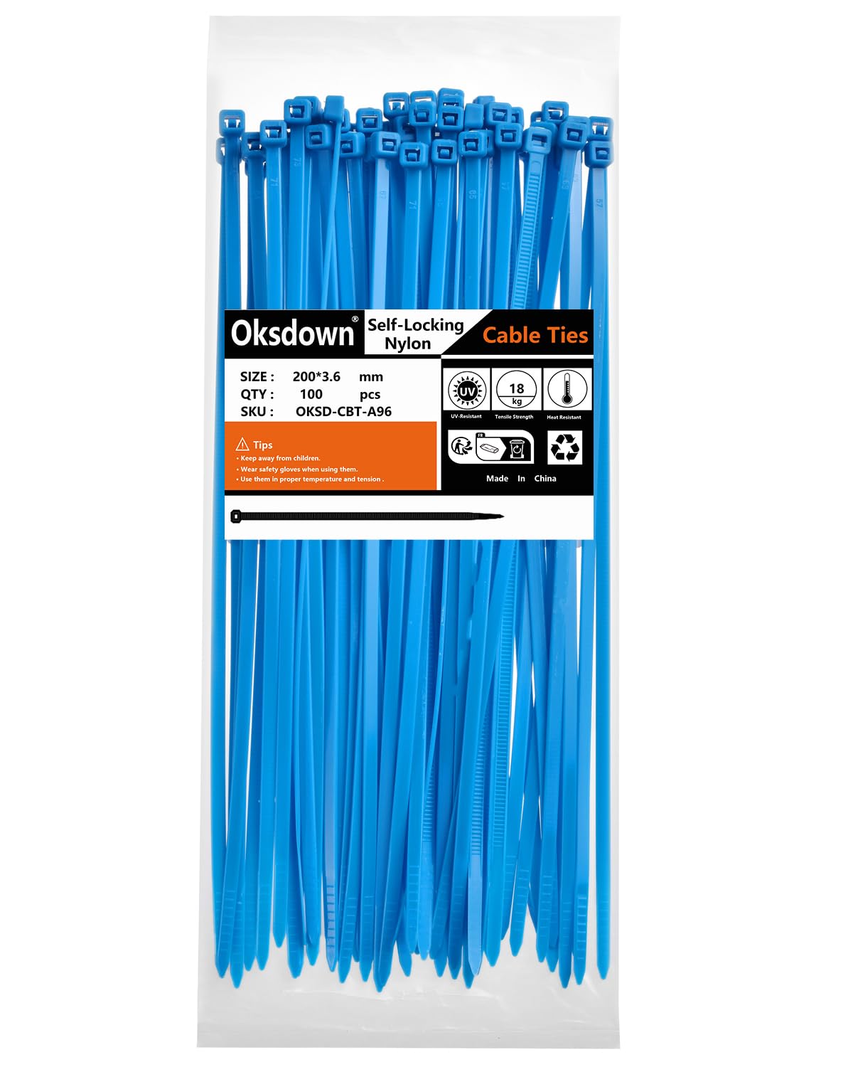 Oksdown 100 Pack Blue Plastic Cable Ties 200mm×3.6mm Heavy Duty Nylon Garden Zip Tie Multi Purpose Premium 8 inch/20 cm Tie Wraps — image 1