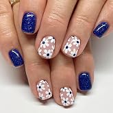 24 Pcs Blue Press On Nails Short Square yefiuo Fall Small Flowers Fake Nails Press ons Nail Art Tip Acrylic Nail Kit Glue on Nails Full Cover Pink False Nails with Glitter Glossy Design for Women