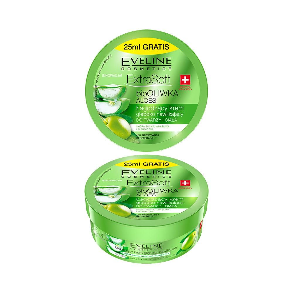 Eveline Cosmetics Extra Soft Bio Aloe Vera Soothing Deep Moisturizing Cream for Face and Body - Hydrates, Soothes, and Protects - 175ml