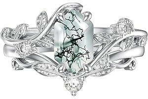 Luyona Natural Moss Agate Ring for Women 925 Sterling Silver Pear/Oval/Kite/Heart/Hexagon/Emerald/Coffin Cut Green Leaf Moss Agate Engagement Ring Promise Bridal Set Anniversary Birthday Jewelry Gifts