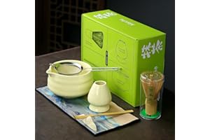 MOCHACHAJU Japan Matcha Set Matcha Whisk Matcha Bowl with Pouring Spout Scoop Matcha Whisk Holder Tea Making Kit. 1 Japanese Tea Set (7pcs),Matcha Color,Color Box Packing, 15.2 Ounce (Yellow)
