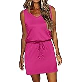 AUSELILY Womens Summer Sleeveless V-Neck Drawstring Waist Beach Cover up Mini Short Swing Dresses with Pockets