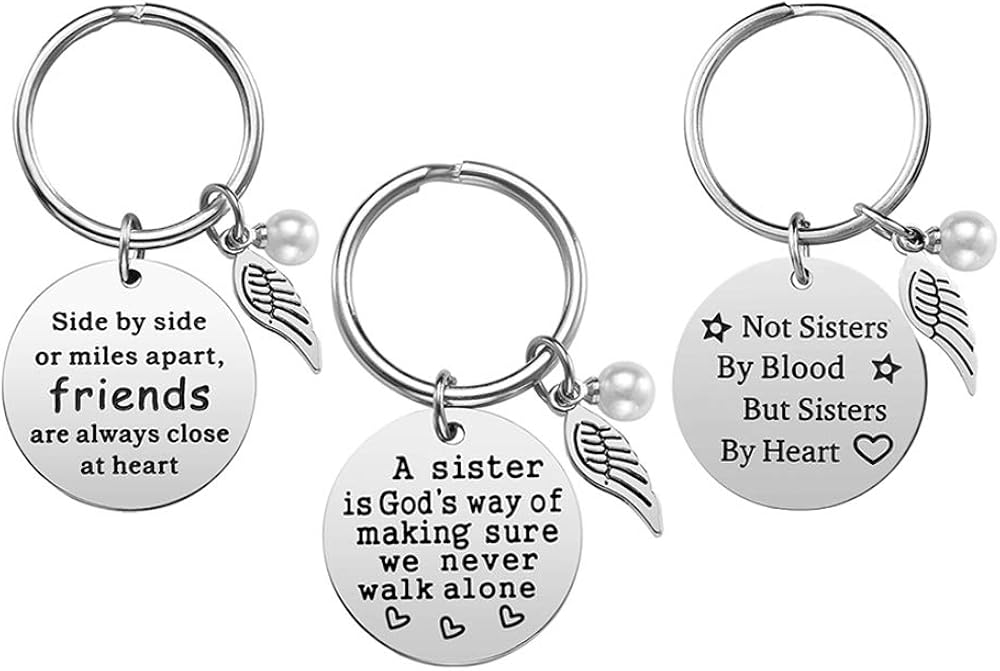FineGood 3 Pcs Best Friends Keychain Gift with Wing & Perl Tags, Stainless Steel Girls Women Friendship Key Ring Present for Birthday Graduation Christmas