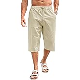 Fommykin Men's Cotton Linen Capri Pants Baggy Harem Drawstring Yoga Beach Pants with Pockets