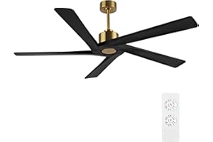 WINGBO 72 Inch DC Ceiling Fan No Light with 3 Downrods, 5 Reversible Carved Solid Wood Blades, 6-Speed Noiseless DC Motor, Black Large Ceiling Fan Without Lights in Brass Finish, ETL Listed