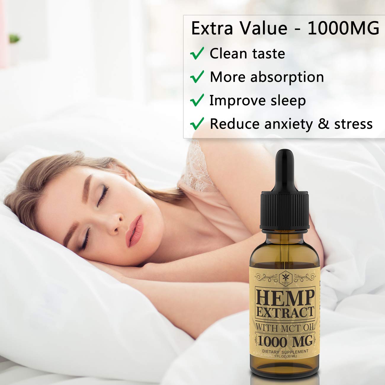 Hemp Oil Tincture 1000mg for Pain Relief, Stress and Anxiety Relief, Better Sleep - Organic Hemp Extract, 100% Natural Hemp Oil Extract with MCT Oil - Made in USA