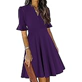 Mokayee Womens Summer V Neck Ruffle Short Sleeve Fit and Flare Knee Length Church Wedding Guest Dresses with Pockets