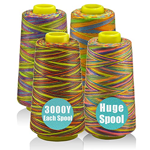 Rainbow Variegated Serger Thread, All-Purpose Thread for Sewing, Polyester, 4 Cones of 3000 Yards Each Spool for Sewing Machine