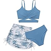 Weixinbuy Girl's Swimsuit 3 Piece Bathing Suit Criss Cross Spaghetti Strap Bikini Sets with Cover Up Skirt Beach Swimwear
