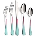 Moxinox 20-Piece pink & green Silverware Set,18/0 Stainless Steel Colorful Handle Flatware Set,Service for 4,Modern Cutlery Set Includes Dinner Knives Forks Spoons, Mirror Polished,Dishwasher Safe