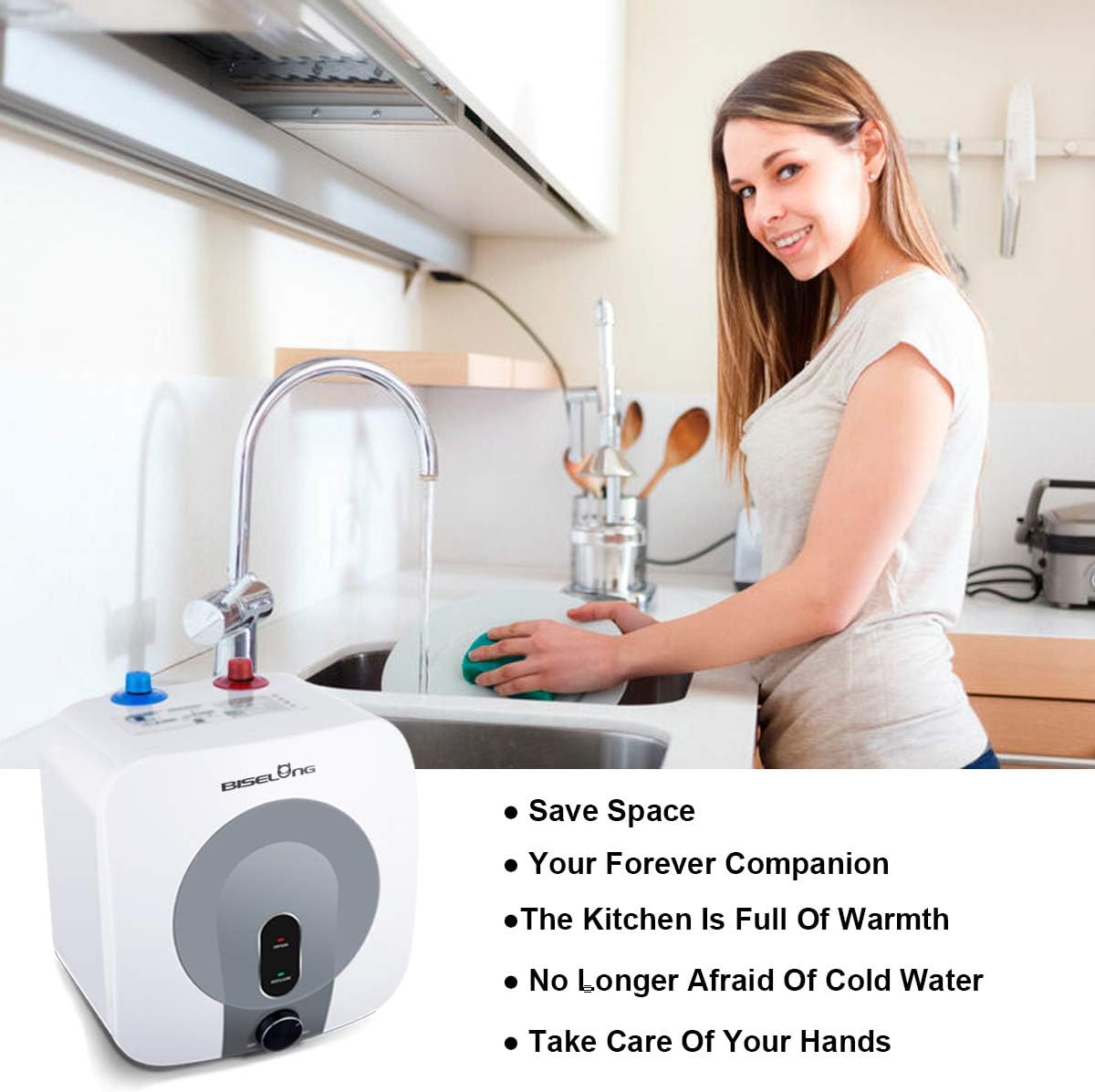 110V-120V Electric Mini-Tank Hot Water Heater Storage, 1.5KW Kitchen Household Compact Size Point-of-Use, Hot Water Output of 2.5 Gallon, 2 PCs 16” Long 1/2”FIP Stainless Steel Water Hoses, GFCI Plug - - 