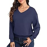 Smile Fish Women V Neck Long Sleeve Sweatshirt Casual Relaxed Cropped Pullover Fleece Lined Warm Tops