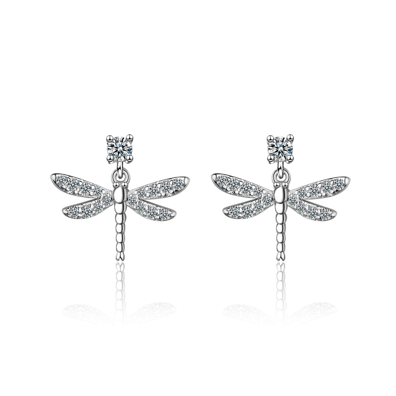 QIAMNI 925 Sterling Silver Earrings Women Dragonfly Stud Earrings with Cubic Zirconia Statement Christmas Earrings Gift