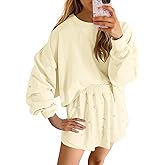 Fisoew Womens Lounge Sets 2 Piece Outfits Decor Pearl Long Sleeve Sweatshirt Skort Skirt Tracksuits Shorts Sets