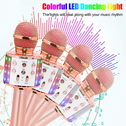 Bluetooth Karaoke Wireless Microphone, Ankuka 4 in 1 Handheld Karaoke Machine Speaker Player with Dancing LED Lights for Home KTV Party/Kids Singing (Rose Gold)