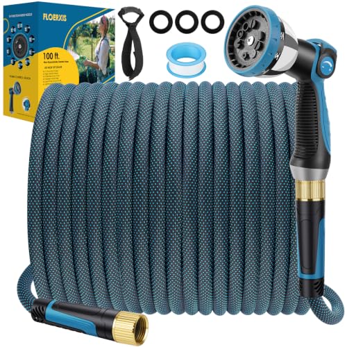 FLOERXIS Non-Expandable Garden Hose 100 FT, Lightweight Hose with 10 Function Spray Nozzle, Kink-Free Flexible Water Hose, Durable, Leak-Proof, 360° Swivel Connectors, Portable Storage Strap
