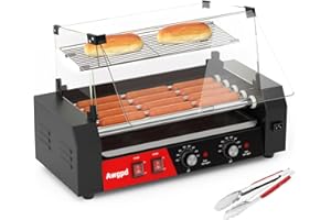 Awgpd Hot Dog Roller Machine, 12 Hot Dog and 5 Non-Stick Roller, Sausage Grill Cooker Machine with Glass Cover, Drip Tray, Dual Temperature Control for Commercial and Household Use (5 Rollers+Cover)