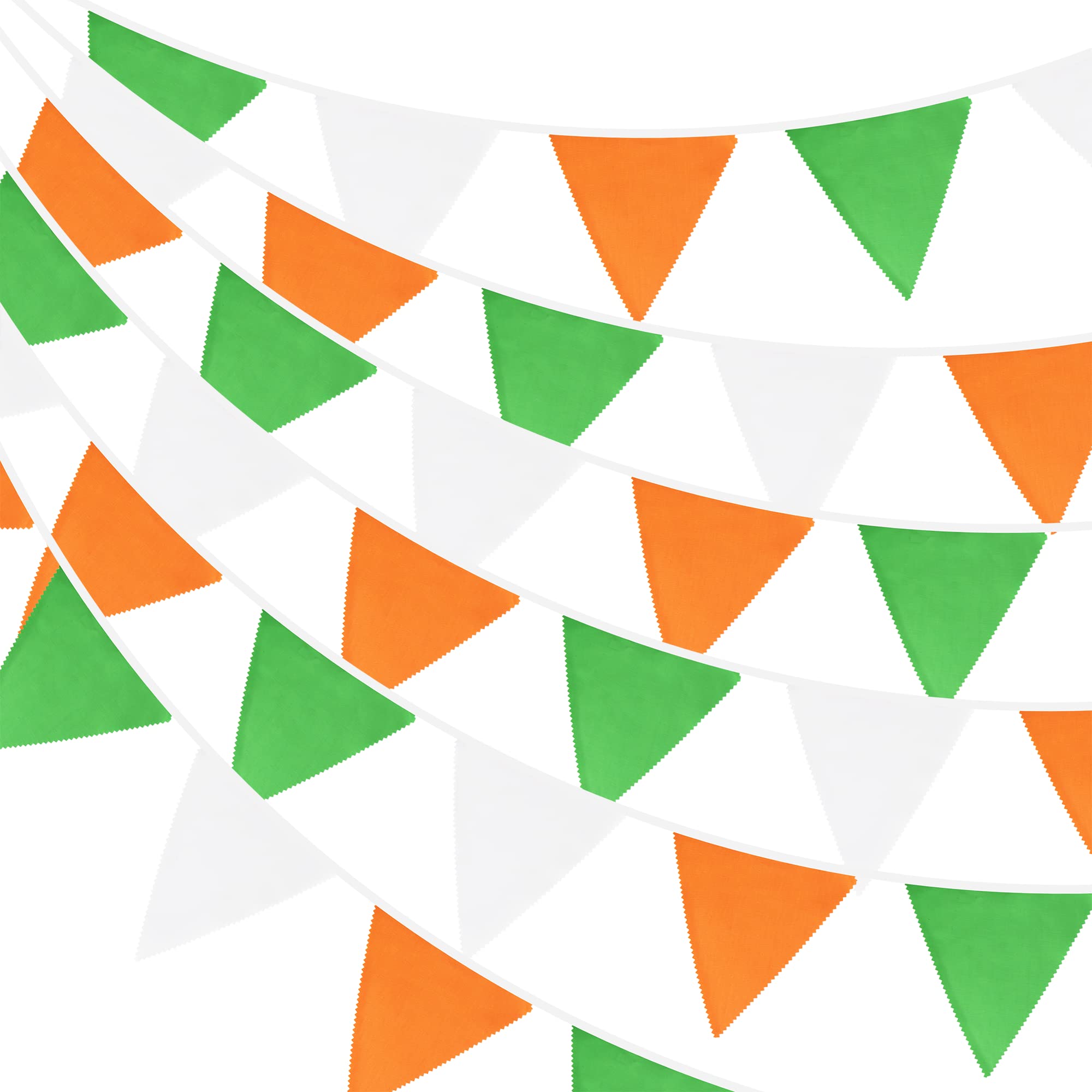 G2PLUS 12M Large Fabric Bunting Banner, 19x21CM Reusable Cotton Triangle Flag Garland with 42PCS Green Orange and White Pennants for Garden Tea Wedding Baby Shower Easter Parties