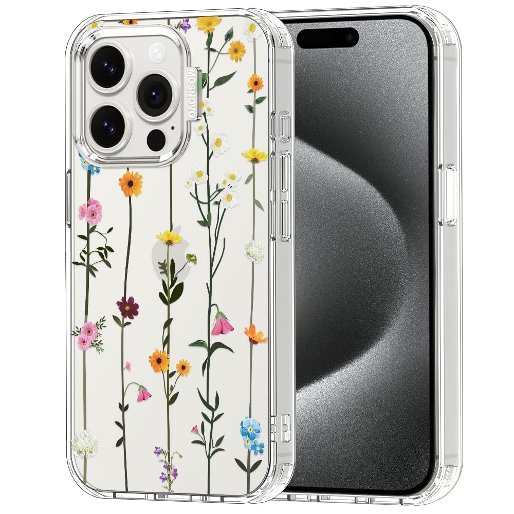 MOSNOVO Case for iPhone 15 Pro, [Buffertech 6.6ft Military-Grade Drop Protection] [Anti Peel Off Tech] Clear TPU Bumper Phone Case Cover Design - Wildflowers — image 1