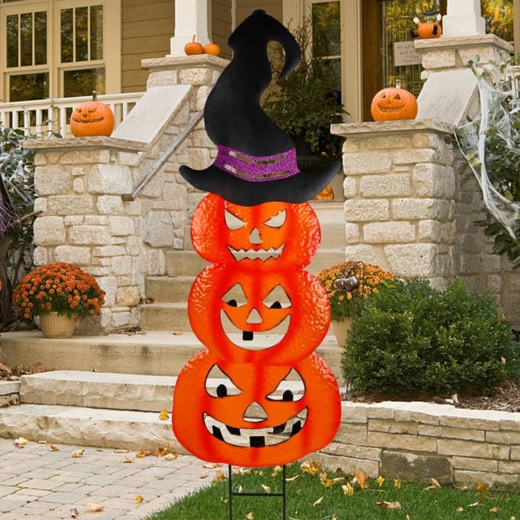 Decorative Garden Stakes - Youngfan Halloween Pumpkin Stakes, 3.5 FT Metal Jack O Lantern Yard Sign, Spooky Pumpkin with Witch Hat Outdoor Decor for Garden Yard Lawn Pathway