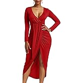 GOBLES Women's Sexy Long Sleeve V Neck Wrap Ruched Front Slit Midi Party Dress