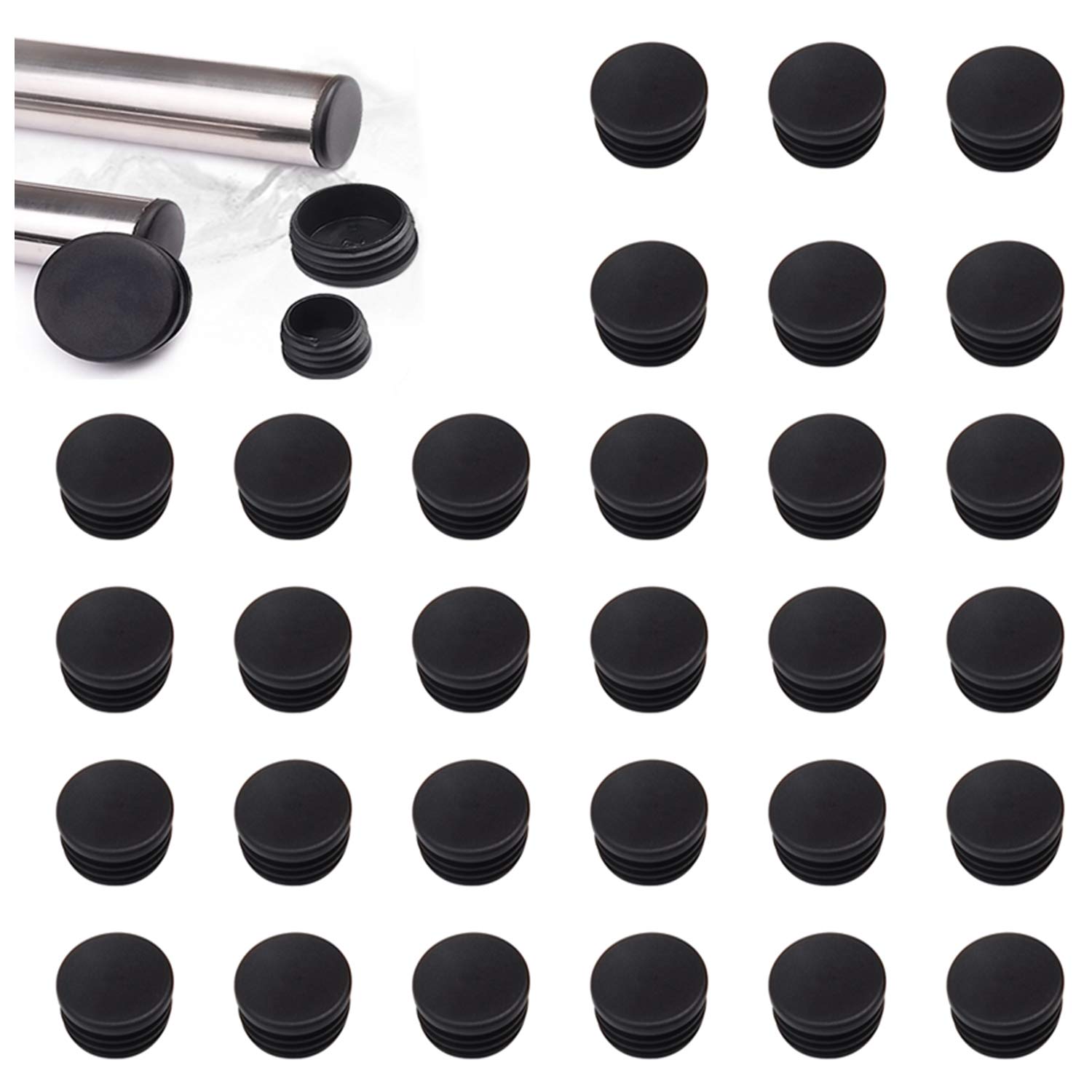 YouU 25mm Round Tubing Black Plastic Plug End Cap Fence Post Pipe Cover Tube Chair Glide Insert Finishing Plug 30 Pcs