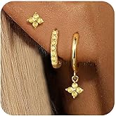 FROLOVER 3 Pairs Gold Hoop Earrings Set for Women, Hypoallergenic 14K Gold Plated Huggie Earrings Stacks for Multiple Piercing Dainty Stud Earring Cartilage Birthstone Earring Women Jewelry Gift