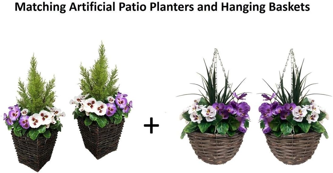 2 x Artificial Hanging Baskets with Purple and White Flowers and Decorative Grasses (Set of 2), Purple & White Round, 52cm/20in - Image 4