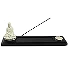 Black Wood Incense Burner Holder Tray with Buddha Figurine