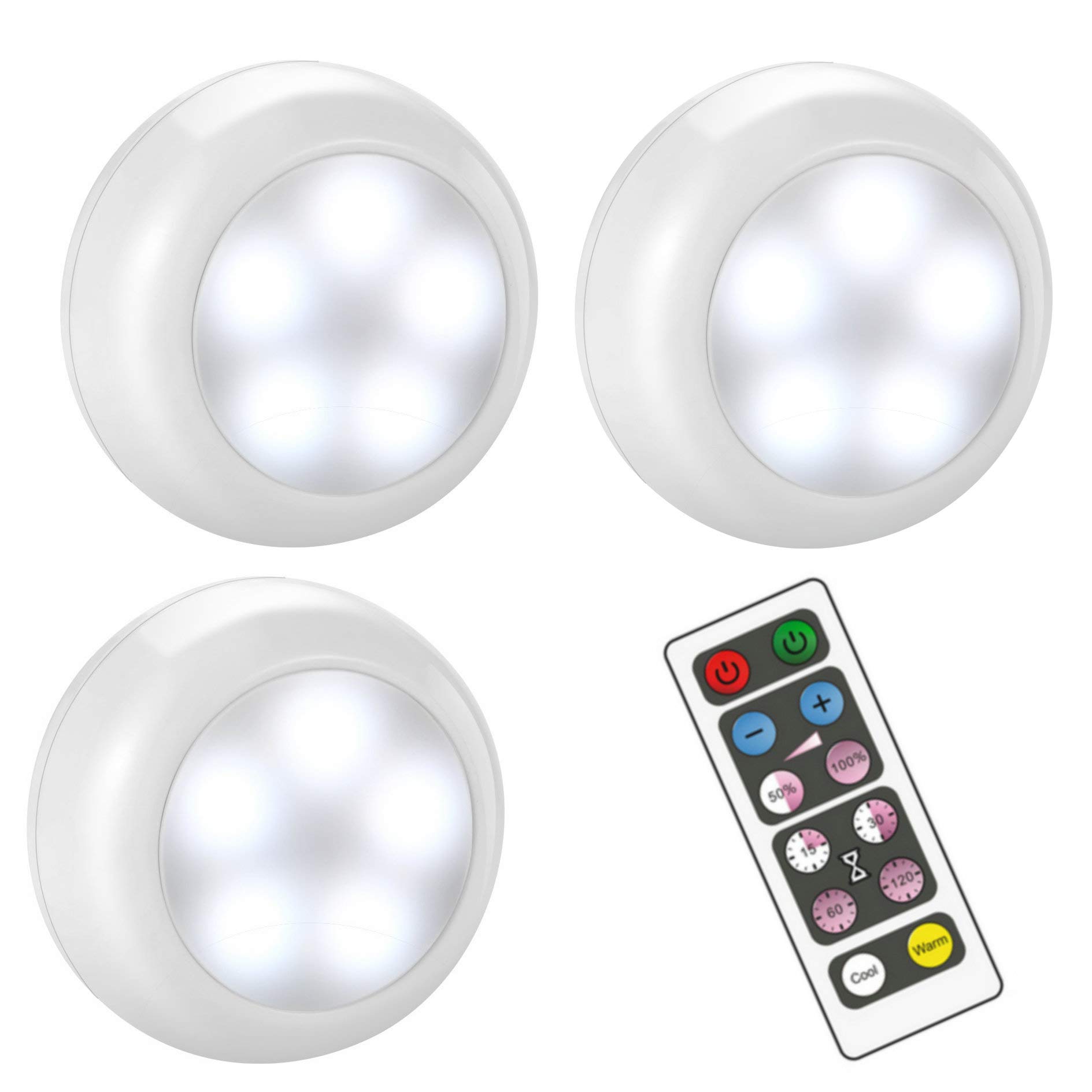 BLS AA-1035 LED Puck Lights - Wireless, Dimmable with Remote Control, Battery Operated, Under Cabinet & Cupboard Lights with Timer - Cool & Warm White - 3 Pack