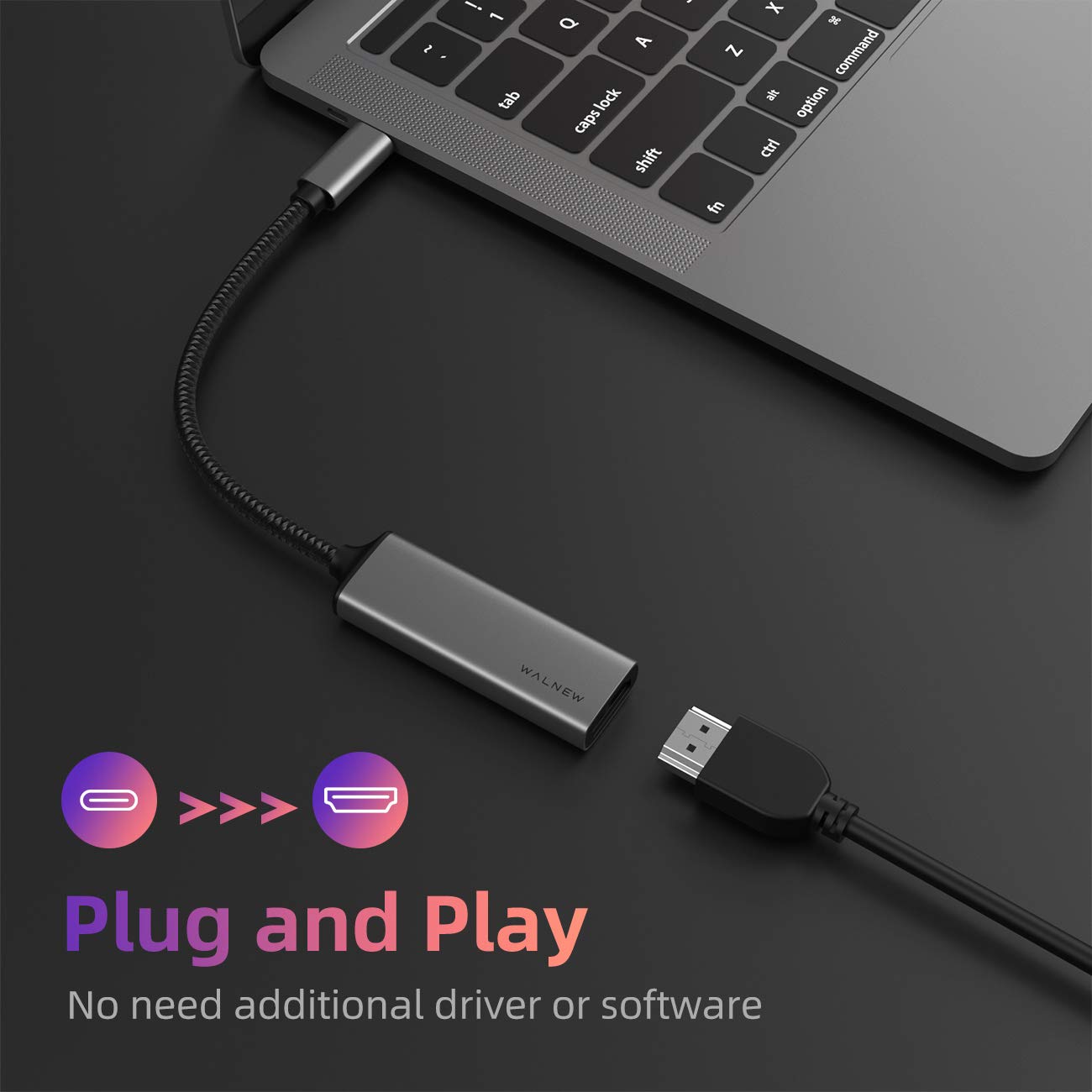 WALNEW USB C to HDMI Adapter 4K 60Hz, Type-C Male to HDMI Female Cable Converter, USBC Thunderbolt 3 Monitor Dongle for Mac MacBook,iPad Pro/Air, Samsung Galaxy,Chromebook,Surface,Dell XPS,Android TV