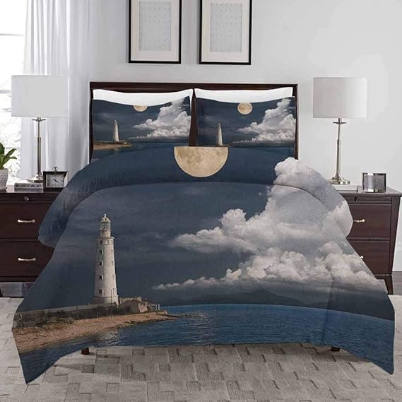 Lighthouse Duvet Cover Set Queen/King Size Lighthouse Moonlight Island Large Clouds